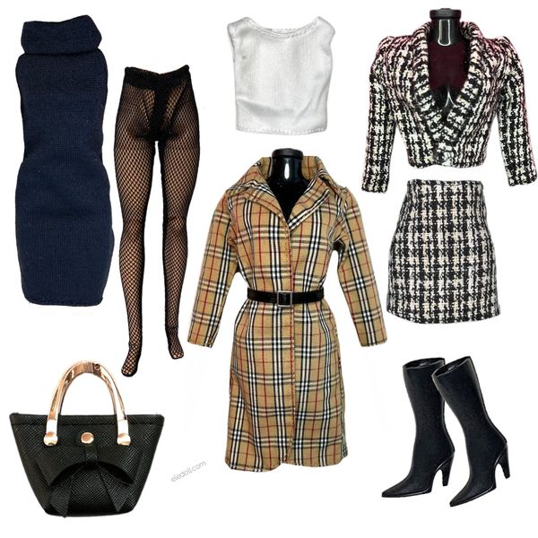 Eledoll Clothes Fashion Pack POSH Lady Plaid Trench Coat & Tweed Blazer Set