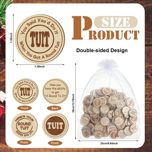 120 Pcs Round Tuit Tokens Bulk Polished Wooden Coins When You Get a Round to It Wooden Nickels with Organza Bag for Inspirational Gift Students Colleague Family