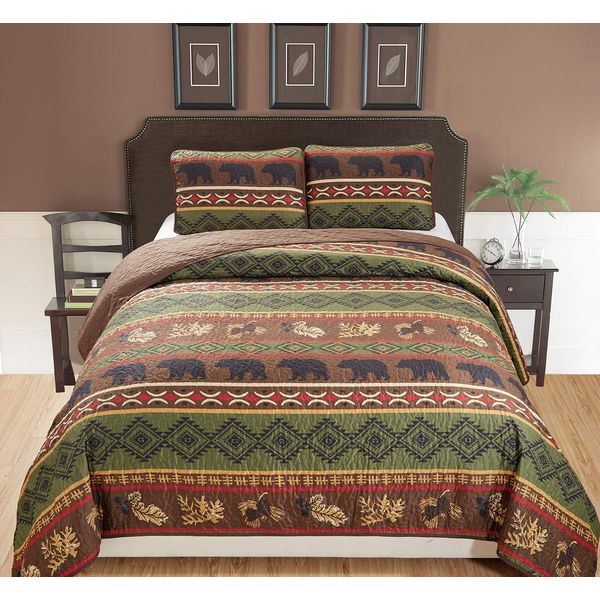 Rustic Western Southwestern Brown Quilt Set With Native American Designs Grizzly Bears and Pinecone Prints Full / Queen Bedspread 3 Piece Bear Full / Queen