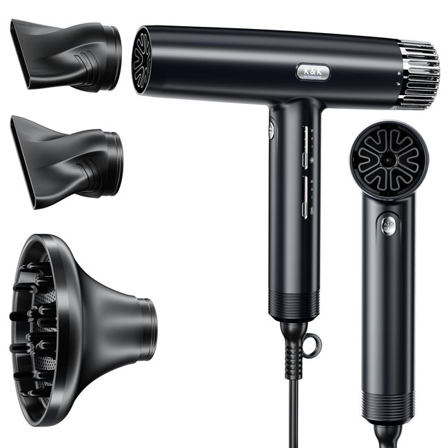 K&K Professional Hair Dryer, 110000 RPM/m Brushless Motor Ionic 1800W Blow Dryer, Low Noise Fast Drying 340g Lightweight Dryer with 3 Speeds 3 Heating for Home, Salon and Travel, Black