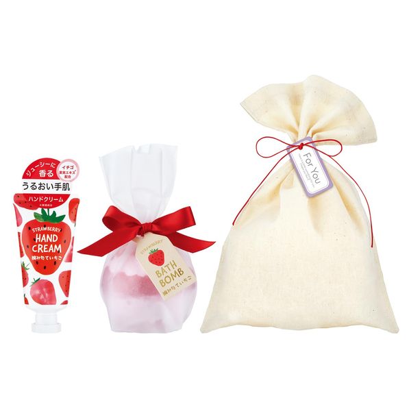 Fruit Forest Strawberry Gift, Hand Cream & Bath Bomb, Wrapping Bag, 1 Set (Moisturizing Present, Gift, Women, Men, Popular, Thank You, Birthday, White Day Gift)