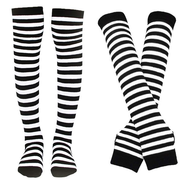 Bienvenu Women Stretch Striped Socks Knee High Stockings Long Arm Warmer Fingerless Mitten Gloves,White