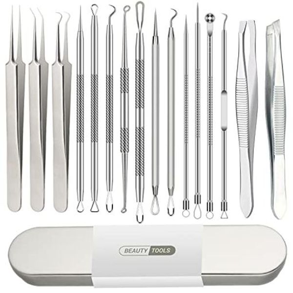 Blackhead remover tweezers 16-piece set Blackhead remover tweezers For men and women Face stick Comedo pusher Acne Blackheads Blackheads Blackhead removal Acne care Mask rash Tweezers Eyelash extensions Nails Eyebrow extensions Portable Storage case inclu