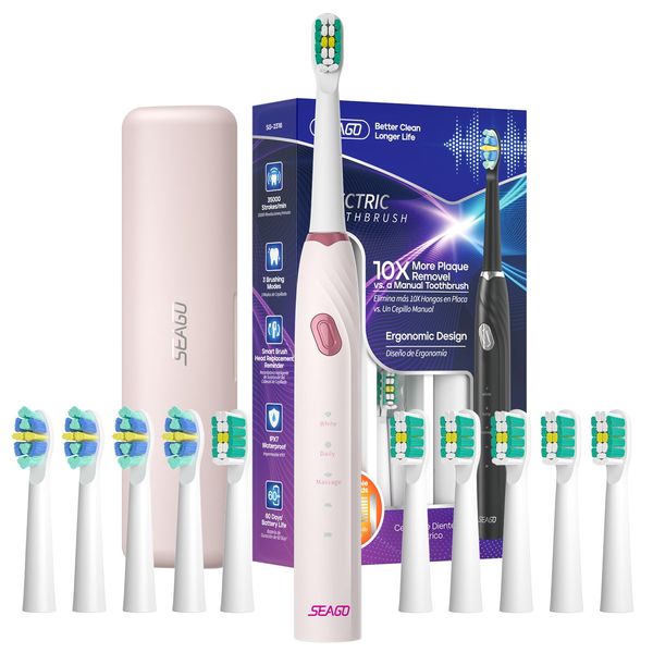 Seago Electric Toothbrush with 10 Toothbrush Heads, Travel Toothbrush with Travel Case & Toothbrush Holder, Smart Toothbrush with Timer for Adults, Boys, and Girls (Pink)…