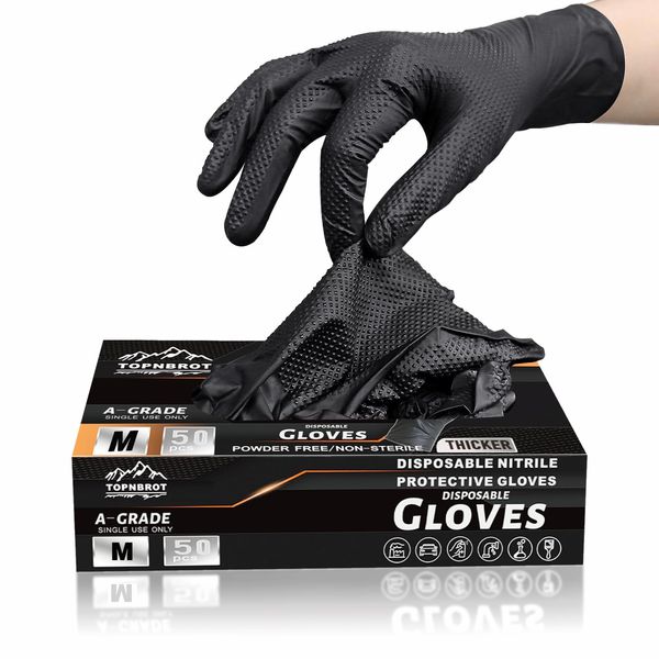 [TOPNBROT] Nitrile Gloves for Work, Rubber Gloves, Disposable, Thick Type, 0.01 inch (0.28 mm), Mechanic Gloves, Engineer Gloves, 50 Pieces, Oil-Resistant, Chemical Resistant, Bicycle Maintenance, Gardening, Tear Resistant, Powder Free, (M-50 Pieces, Blac