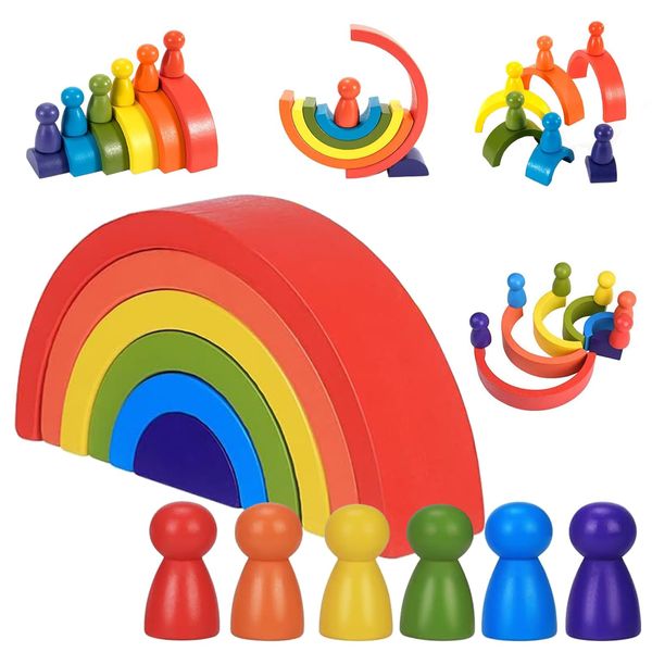 DHinkyoung 12 Pcs Wooden Rainbow Stacking Toys, Toddler Montessori Arch Bridge Stacker Game, Building Blocks Puzzle Stackers for Kids Baby Toddlers 1 2 3 4 5 Years Old