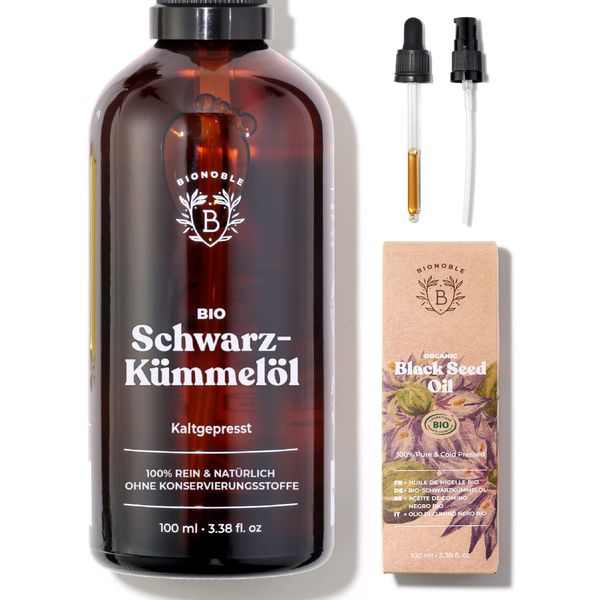 Bionoble Schwarzkümmelöl Bio 100ml - Glasflasche + Pipette + Pumpe - 100% Kaltgepresst + Ungefiltert - Gesicht, Körper, Haare - Ägyptisches Schwarzkümmel Öl - Vegan Organic Black Seed Oil