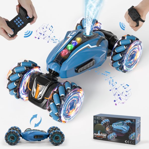 SUNRISELAND Remote Control Car, 4WD Gesture Sensing RC Stunt Car for Kids with Light & Music, 2.4Ghz 360°Rotation RC Car Toy with Spray, Hand RC Car for Boys Girls Age 6 7 8 9 10 Year Old Blue