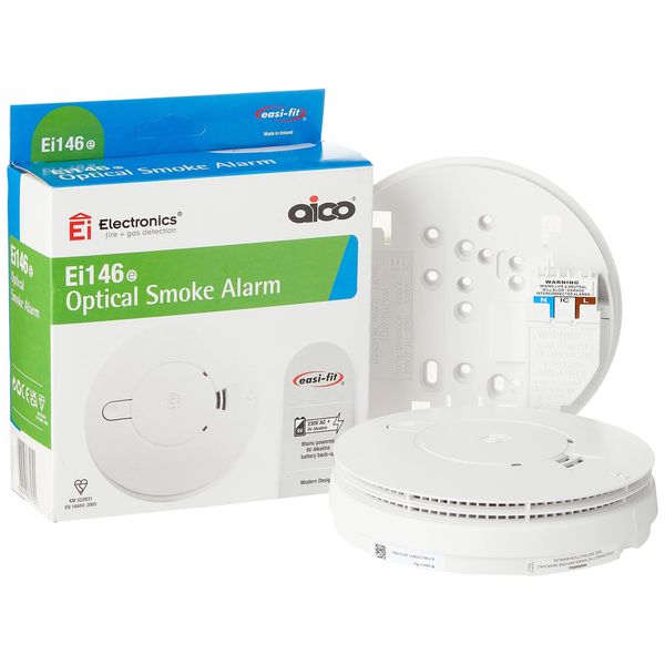 Aico Ei146e Optical Smoke Alarm AC mains power supply and 9V alkaline battery back-up.