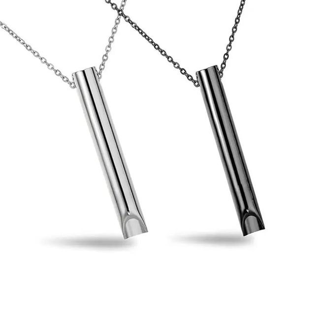 Anxiety Relief Necklace, 2PCS Steel Breathing Necklace for Anxiety Relief, Stainless Steel Breathing Necklace For Stress Relief, Whistle Anxiety Relief Necklace For Women And Men (Black+Silver)