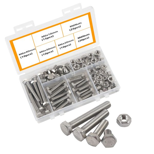 M6 Nuts and Bolts 304 Stainless Steel Screws Assorted Metric Kit, Hex Head Cap Hexagon Bolts and Nuts Assortment Set Kit With Storage Box