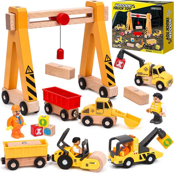 Atoylink 15PCS Kids Wooden Construction Toys with Magnetic Train Cars, Gantry Crane Bulldozer Roller Tow Truck Construction Site Vehicles Playset Gifts for 3 4 5 6 Year Old Toddlers Boys