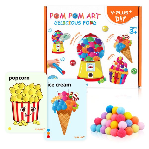 YPLUS Pompoms Art Crafts Kits, Toddler DIY Sensory Activities for Kids Ages 1-3 2-4 3-5, Finger Motor Art Supplies - Theme Food Stocking Stuffers for Kids Toddler