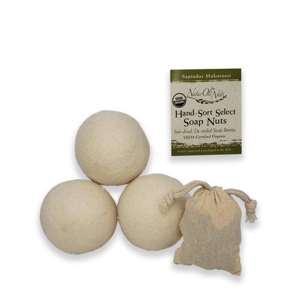 NaturOli Jumbo Wool Dryer Balls 3-Pack with Soap Nuts Sampler (23+ Loads)