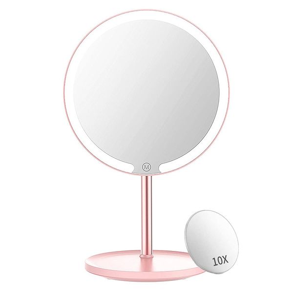 WEECOC Makeup Mirror, LED Makeup Mirror, Actress Mirror, Tabletop Mirror, LED Included, Brightness, Magnetic, 360° Rotation, Large Capacity, Rechargeable Battery, Metal Bracket (10x Magnifier