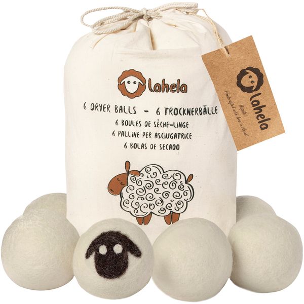 LAHELA 6 Tumble Dryer Balls XXL. Soften Laundry. Reduce Energy, Drying Time, Noise, and Wrinkles. 100% Sheep's Wool from New Zealand. No Chemicals or Plastic. Hand Made in Nepal. White. Unscented