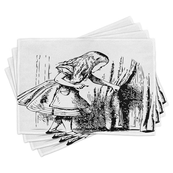 Ambesonne Alice in Wonderland Place Mats Set of 4, Black and White Alice Looking Through Curtains Hidden Door Adventure, Washable Fabric Placemats for Dining Table, Standard Size, Black White