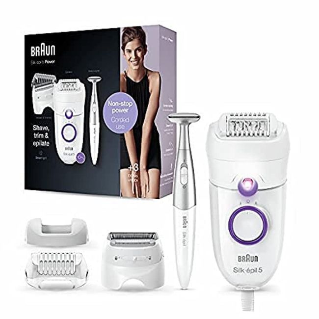 Braun Silk-épil 5-825 Power Electric Epilator for Women, Gentle Hair Removal, Uninterrupted Energy with Cable, Lawn Head and Trimming Cap, Bikini Zone, White/Purple