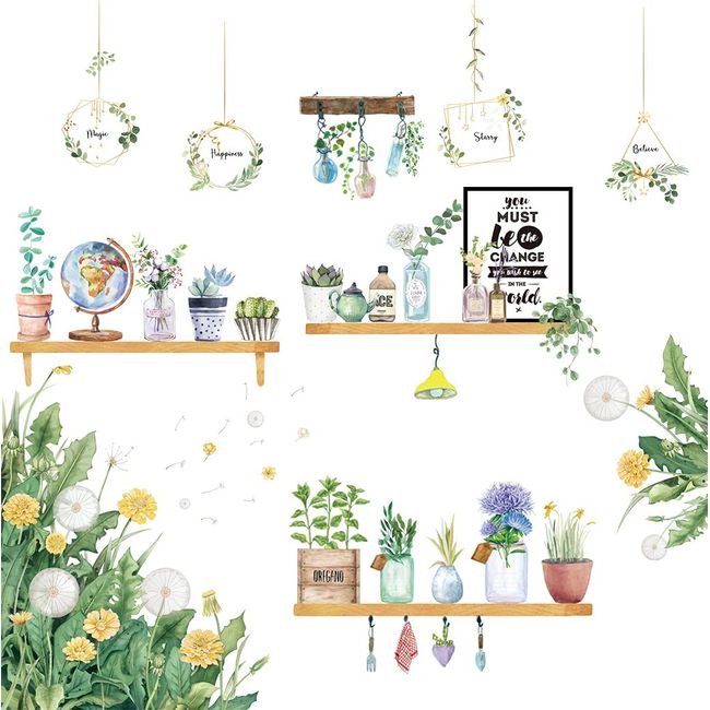 Wall Sticker, Stylish, Dandelion, Flowers, Trees, Potted Plants, Wallpaper, Removable, Waterproof, PVC Material, Interior DIY, Stickers, Scandinavian Style, Room Decoration (Dandelions and Potted