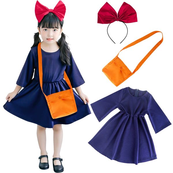 Kiki's Delivery Service, Kiki, Cosplay, Halloween, Children's Costume, Witch, One Piece, with Headband Included, Shoulder Bag, 3-piece Set, Witch's Delivery Store, Children's Cosplay, Party,