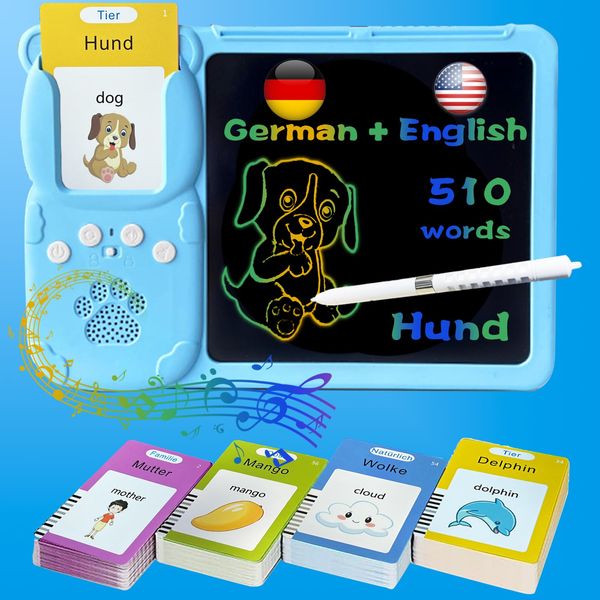 HALCONTORNO Drawing Writing Tablet for Toddlers - Talking English German Flash Cards for Kids 3-12, Bilingual Sensory Toys for Autistic Children, 510 Sight Words, Travel Activity for 4 Year Old (Blue)