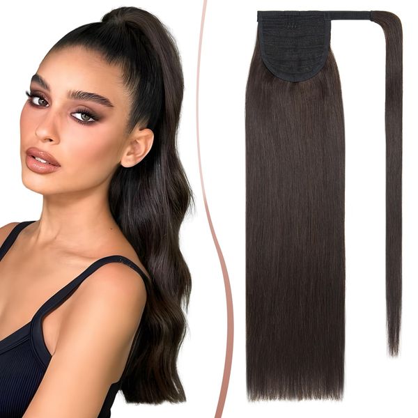 Elailite Ponytail Extension Human Hair Natural Real Hair - Wrap Around Clip in Ponytail 100% Remy Hair Straight (#2 Dark Brown, 20 Inch)