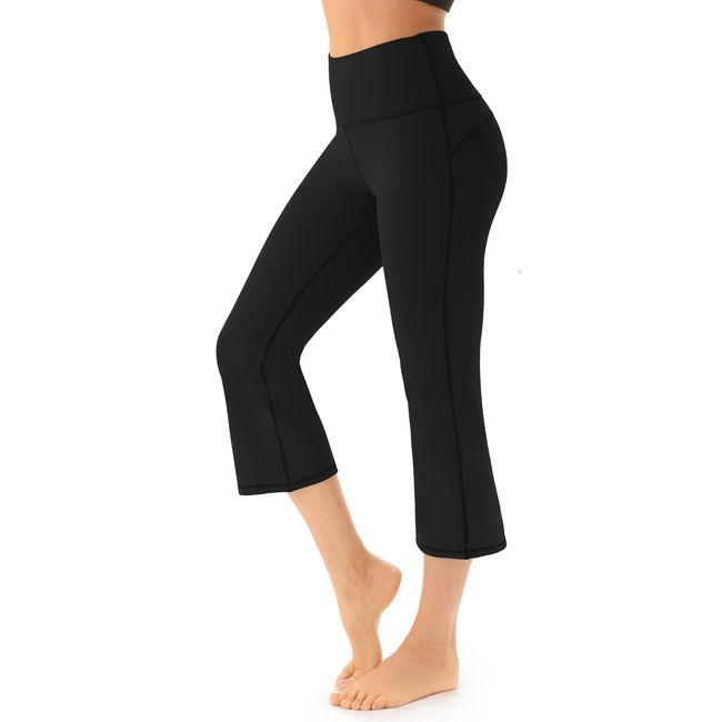 AFITNE Yoga Pants for Women Bootcut Capris with Pockets High Waisted Flare Workout Bootleg Yoga Crop Flared Long Athletic Gym Pants Black - L