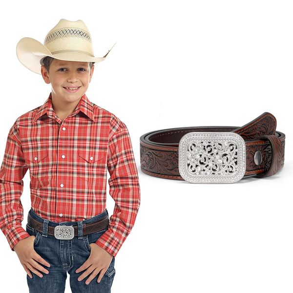 WOWOGO Kids Western Belt for Boys Girls Genuine Leather Cowgirl Cowboy Belt Floral Engraved Tooled Belt with Embossed Buckle