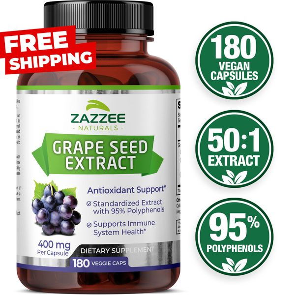 Grape Seed Extract 180 Veggie Capsules 400 mg 95% Polyphenols Antioxidant