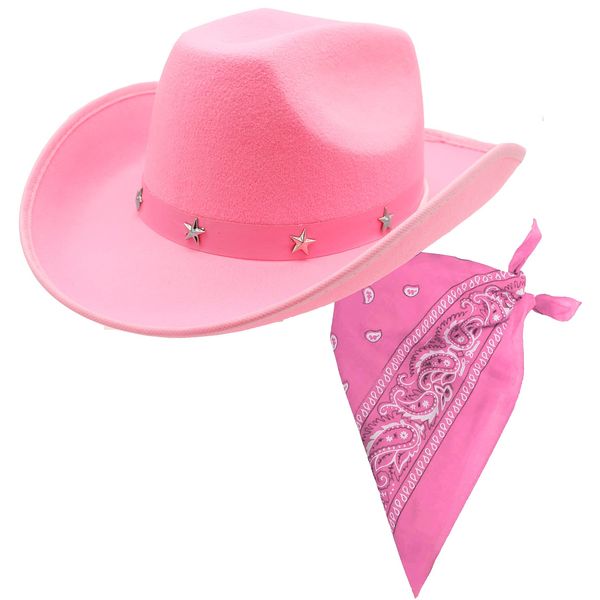 PINK COWBOY HAT WITH STAR STUDDED BAND + PINK PAISLEY BANDANA FANCY DRESS ACCESSORY SET HEN NIGHT LADIES COWGIRL SET (PACK OF 1)