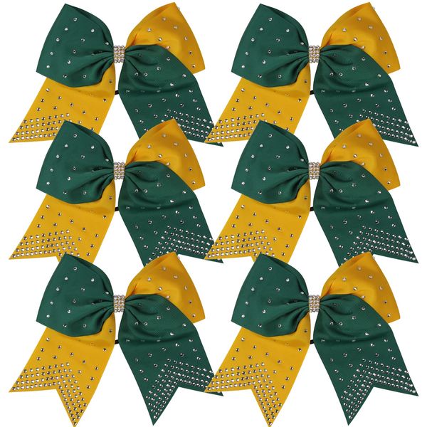 8 Inch 2 Colors Cheerleader Bows Ponytail Holder with Bling Fling Rhinestones Hair Tie Cheerleading Bows 6 Pcs (Forest Green/Yellow Gold)