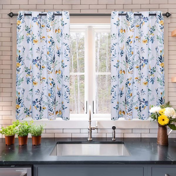 MYSKY HOME Kitchen Curtains 45 inch Length Floral Blackout Curtains Thermal Insulated Room Darkening Curtains Grommet Top 2 Panels for Bedroom Bathroom Dormer Window, Yellow and Blue