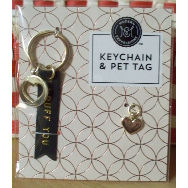 I Ruff You Love Pet Cat Dog Gold Heart Keychain Tag Collar Charm Set