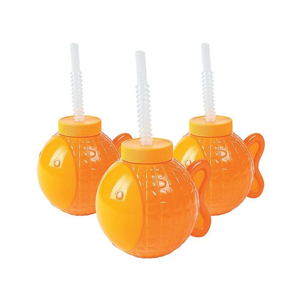 Fun Express Little Fisherman Fish Molded Cups with Straw, Holds 4 oz, BPA Free PLastic, Birthday Party Supplies, Orange - VBS Vacation Bible School Supplies/Decor - Set of 8 Pieces