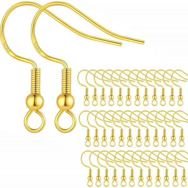 100Pcs Gold Earring Hooks Gold-Plated Copper Ear Wires Fish Hook Earring with Spring Ball for DIY Jewelry Customize Making (Gold)