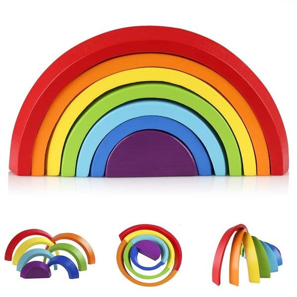 KANCAI Wooden Rainbow Stacker Toys 7 Pcs Montessori Baby Sensory Stacking Toys Building Blocks Toddlers Early Learning Puzzle Toys for 2 3 4 Years Old Boys and Girls