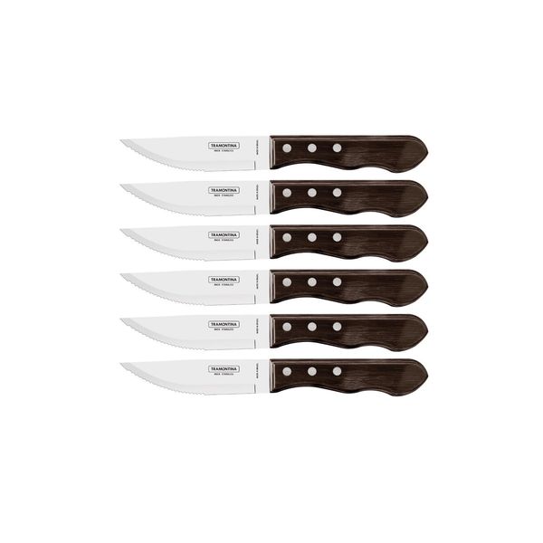 Tramontina 5” Jumbo Steak Knives, Sharp Knife with Wooden Handle, ‎Camping, Kitchen, Rustic, Dishwasher Safe (6-Piece)