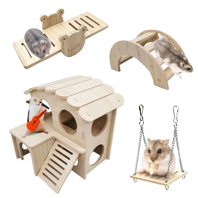 Eyksta 4 Stück Hamster Spielzeug aus Holz, Hamster Haus Brücke Wippe Schaukel Käfig Dekor Zubehör, DIY Spielplatz für Meerschweinchen Ratten Zwerghamster Goldhamster