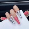 Bufenia Coffin False Nails Wavy Line Long Press on Nails Glitter Ballerina Fake Nails Crystal Pink Leopard Flame Glossy Acrylic Stick on Nails for Women and Girls 24Pcs (E)