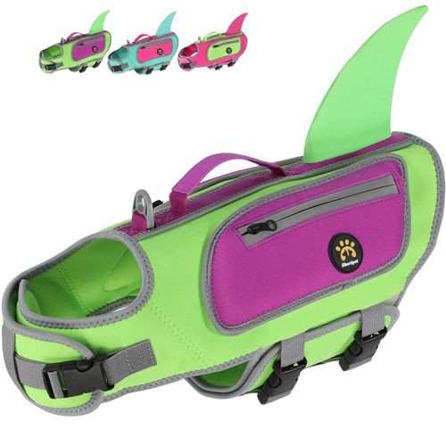 Sheripet Dog Life Jacket, Cute Shark Dog Life Vest for Swimming Boating with Superior Buoyancy and Rescue Handle, Adjustable Puppy Swim Floating Vest for Small Medium Large Dogs (Green, Large)