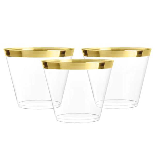 Prestee Disposable Plastic Cups for Wine, Cocktails, and Drinks - Bulk Party Tumblers for Weddings - Clear 9oz Cups (100ct Gold)