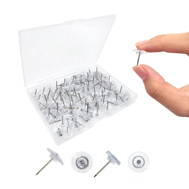 100pcs Push Pins Tacks Clear Plastic Head Steel Point Clear Flat Thumb Tacks Drawing Pins Clear Wall Tacks Stick Pins with Photo Box Pinboard Bulletin Board Fabric Marking Craft