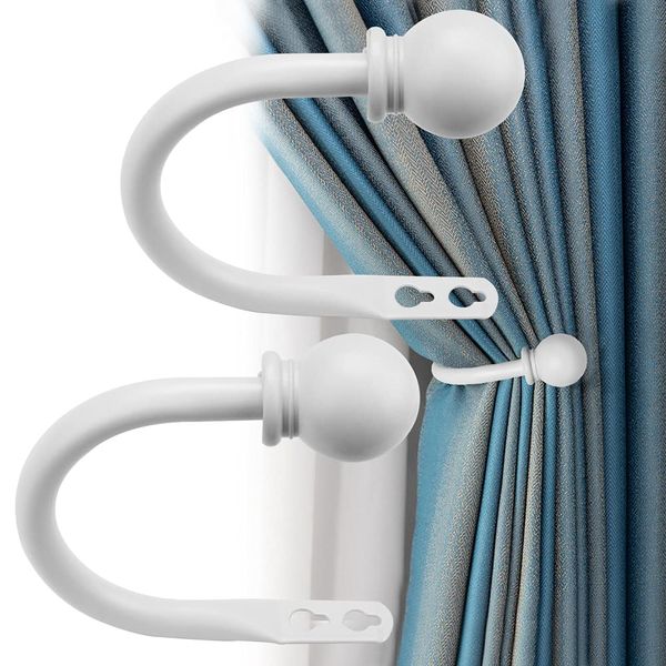 QUCUMER 2 Packs Curtain Holdback, Wall Mounted Curtain Tie Backs Metal Curtain Hooks U Style Metal Tie Backs Tassel Drapery Holder Curtain Drapery Hooks with Screws for Home Accessories (White)