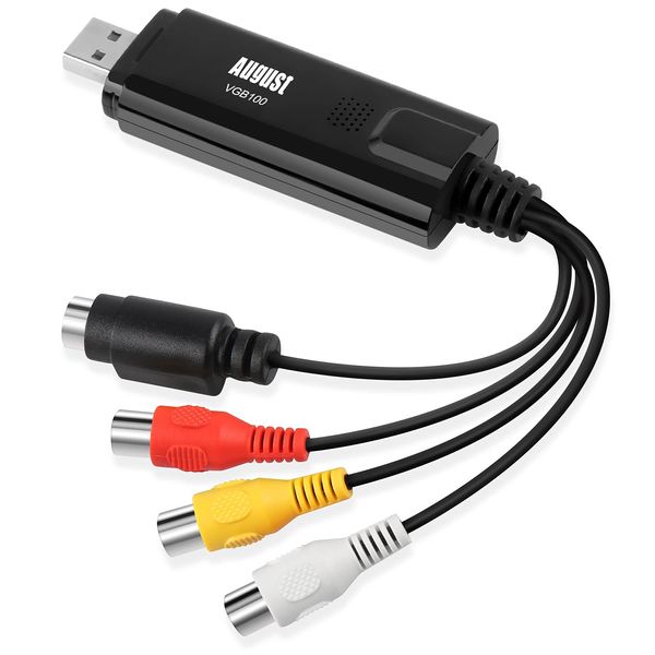 USB 2.0 Audio Video Grabber Konverter - August VGB100 - Scart, S-Video, Composite – VHS Hi8 Kassetten Camcorder digitalisieren auf DVD übertragen Videoadapter SECAM PAL-für Windows 11/10/8/7/Vista/XP