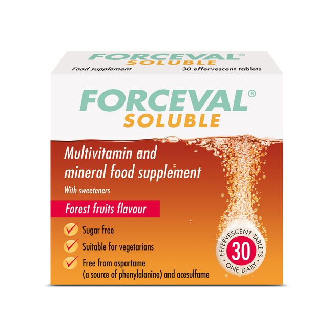 Forceval Soluble, Effervescent Multivitamin Tablets, 24 Vitamins and Minerals including Vitamin C, B Vitamins, Iron and Zinc. Suitable for Vegetarians. Pack of 30