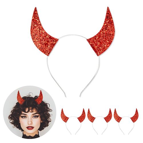 Byhoo Glitter Devil Horns Headbands Halloween Fancy Decoration Cosplay Hairband, Red Devil Horns for Women Men Girls and Kids