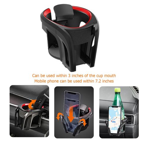 Car Cup Holder and Phone Mount for Air Vent, 2 in 1 Multifunctional Drink Stand, Adjustable Auto Air Conditioner Vent Water Coffee Bottle Bracket, Universal for SUV Truck Van (Black/Red)
