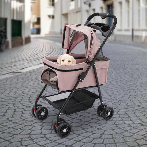 Dog Stroller Pet Travel Carriage 4 Wheeler Foldable Pet Cart W/ Carrying Basket