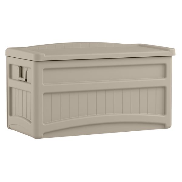 Suncast DB7500 73 Gallon Waterproof Outdoor Storage Container for Patio Furniture, Pools Toys, Yard Tools-Stor Deck Box, With Wheels, 73 Gal, Light Taupe