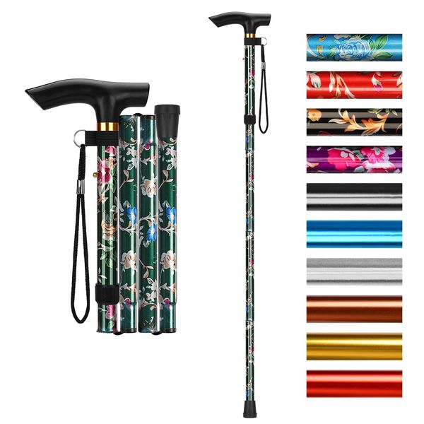 supregear Walking Sticks for Women, Floral Folding Walking Stick for Ladies- Adjustable Lightweight Foldable Collapsible Walking Stick - Balancing Walking Aid, Green Floral